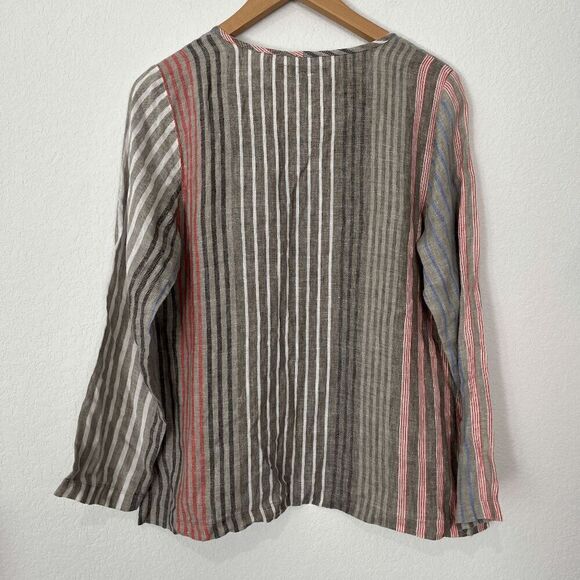 Flax Linen Long Sleeve Multicolored Striped Popover Shirt Women's Size P / XS - Picture 3 of 5